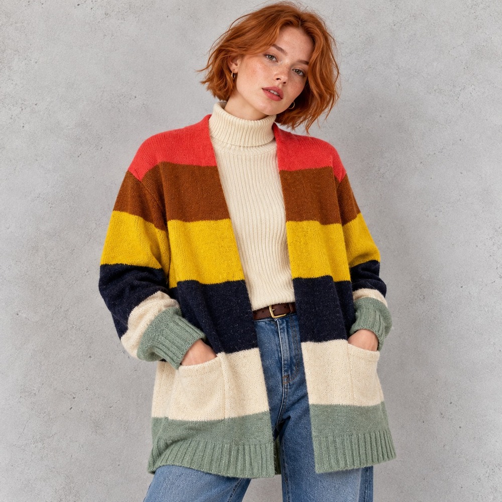 Caslon Open Front Cardigan Womens Sweater Cozy Multicolor Stripe Acrylic Blend M